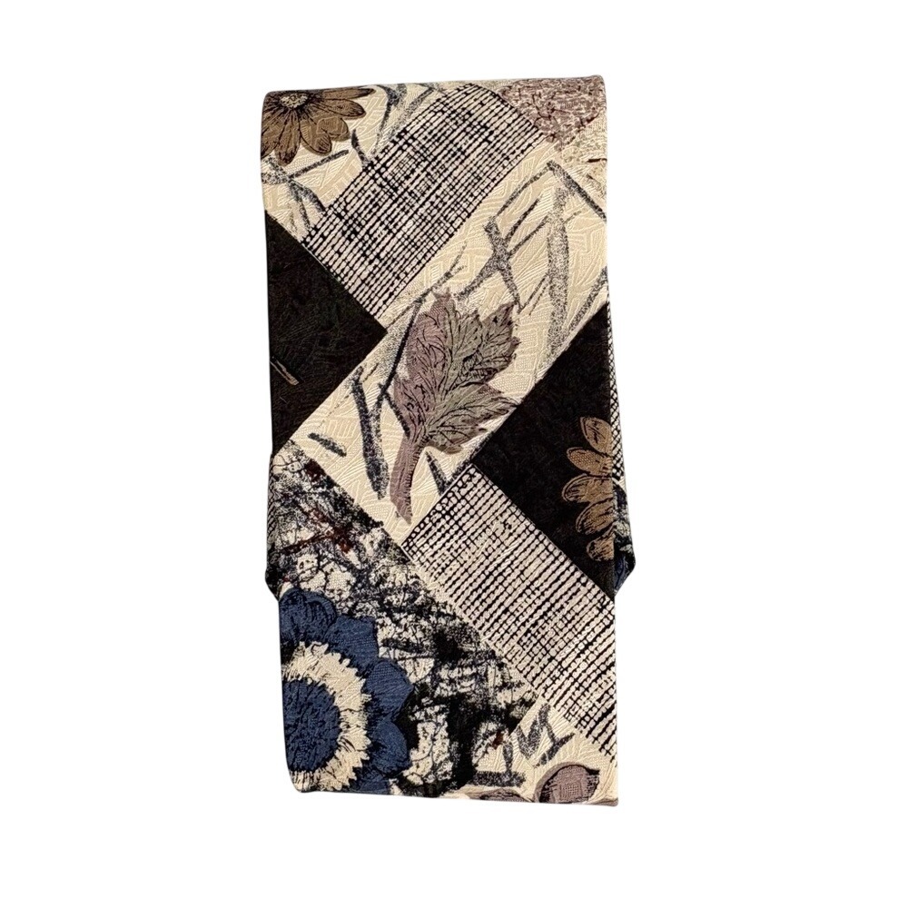 Raphael Silk Tie Floral Geometric Patchwork, Mens OS Tan Black Purple‎